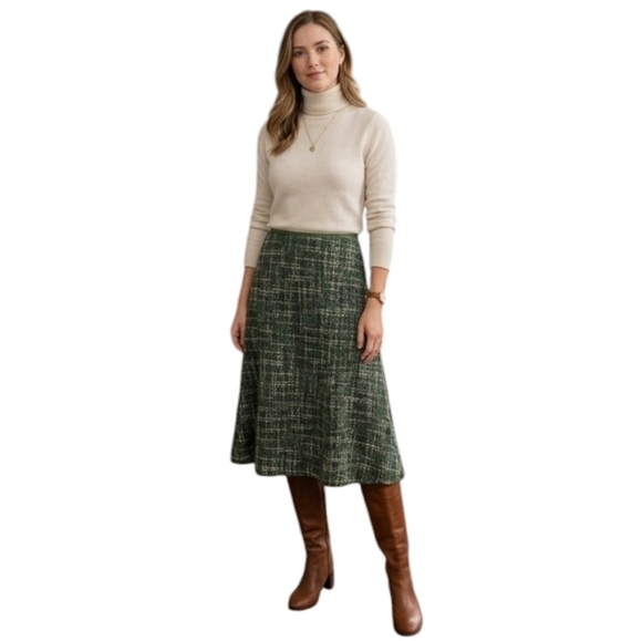 Danier Dresses & Skirts - DANIER Made in Canada Wool Blend Tweed Midi Skirt Green Blue Plaid Size 8
